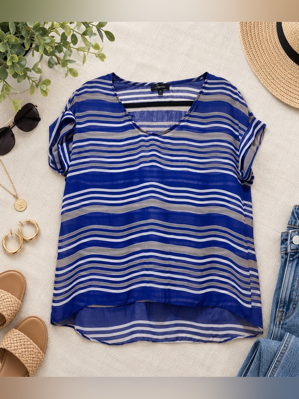 Soprano x EVEREVE Sheer Stripe Blouse | Size Medium